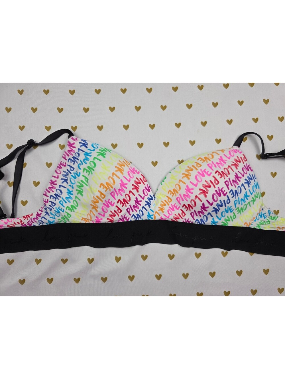 Victorias Secret Pink RAINBOW Logo wireless No Wire Bra 32C Push Up